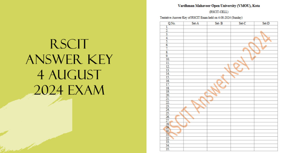 RSCIT Answer Key 4 August 2024 Exa by vmou and rkcl Booklet Set A, B, C, D