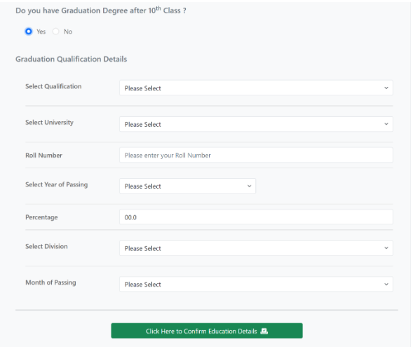 Enter higher educational qualification after 10th pass details like board, percentage, and year of passing for WCD Free RSCIT.