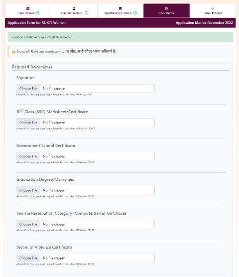 Upload scanned signature and required documents for WCD Free RS-CIT application form